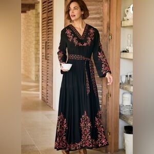 Soft Surroundings Onyx Embellished Maxi Dress Black Embroidered Boho - NWT